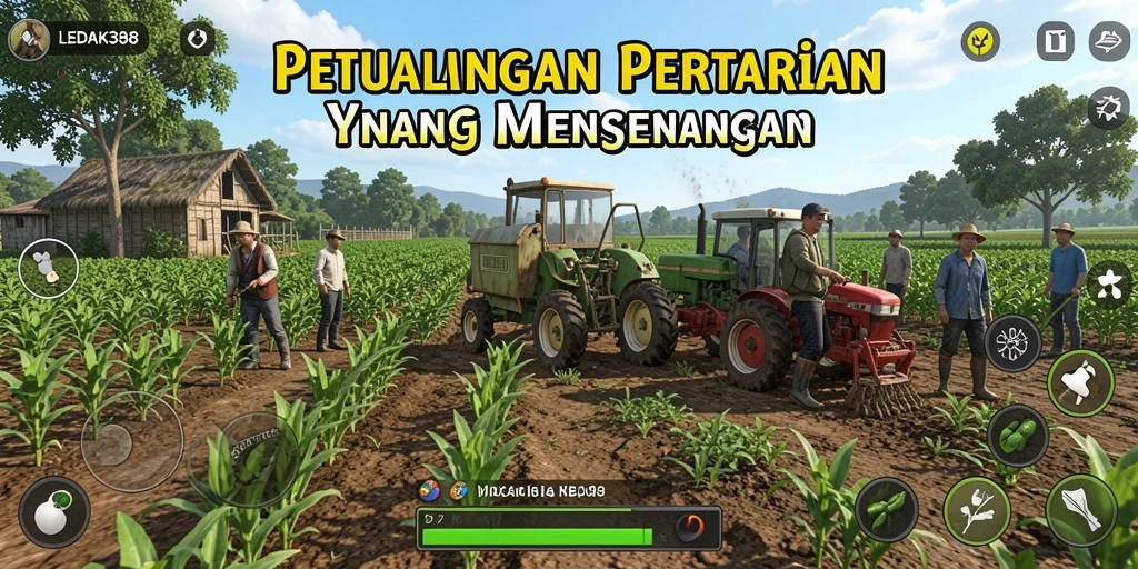 Tampilan gameplay LEDAK388 dengan kebun dan peternakan.