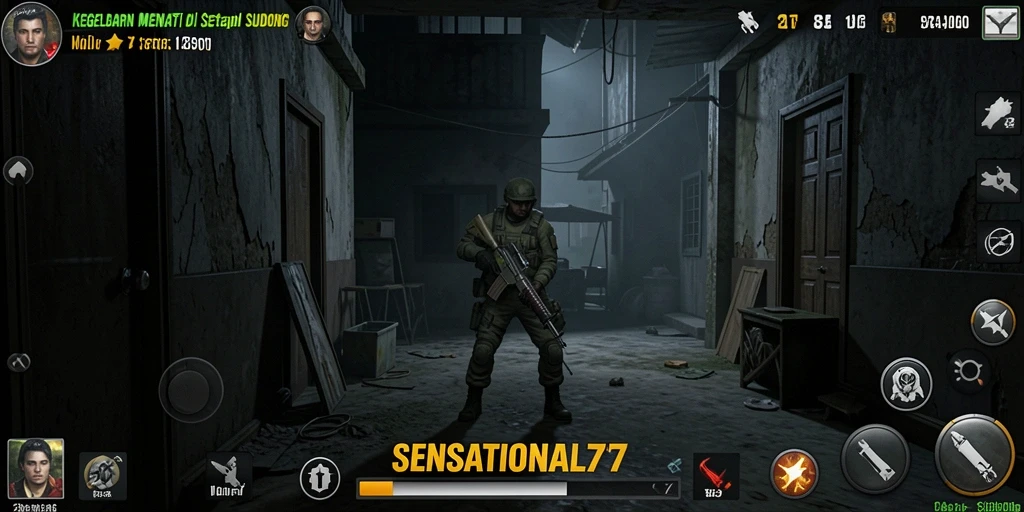 Tampilan gameplay SENSATIONAL77 yang penuh ketegangan dan kegelapan.