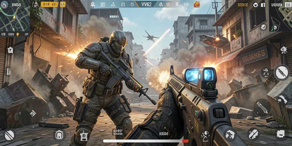 Screenshot gameplay VV62 menampilkan aksi FPS yang intens.